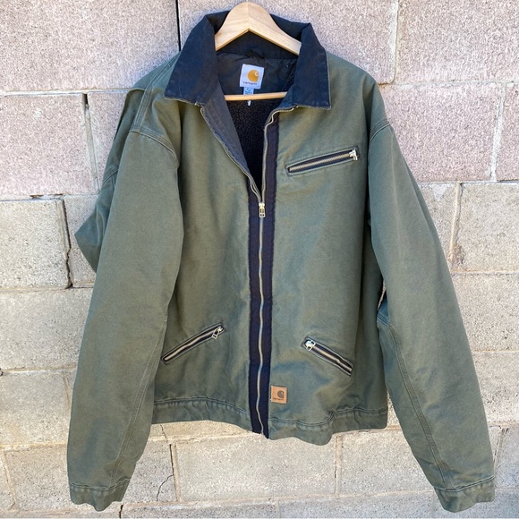 Vintage Carhartt Army Green Sherpa Lined Detroit Jacket Size 2XL Tall J297 ARG